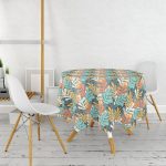 - MasaYuv-6772-Gorsel2 - Realhomes  Renkli Tropik Yaprak Özel Tasarımlı Yuvarlak Masa Örtüsü - Çap 140cm Realhomes