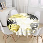 - MasaYuv-7010-Gorsel1 - Realhomes Mermer Zeminli Gold Ve Siyah Yapraklar Dijital Baskılı Modern Yuvarlak Masa Örtüsü - Çap 140cm Realhomes