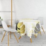 - MasaYuv-7010-Gorsel2 - Realhomes Mermer Zeminli Gold Ve Siyah Yapraklar Dijital Baskılı Modern Yuvarlak Masa Örtüsü - Çap 140cm Realhomes