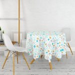 Beyaz Zeminde Mavi Puan Gold Yıldızlı Dijital Baskılı Modern Yuvarlak Masa Örtüsü - Çap 140cm Realhomes