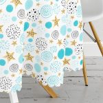 Beyaz Zeminde Mavi Puan Gold Yıldızlı Dijital Baskılı Modern Yuvarlak Masa Örtüsü - Çap 140cm Realhomes