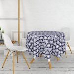 - MasaYuv-7104-Gorsel2 - Realhomes  Lacivert Zeminli Beyaz Kartanesi Desenli Dijital Baskılı Modern Yuvarlak Masa Örtüsü - Çap 140cm Realhomes