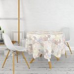 - MasaYuv-7106-Gorsel2 - Realhomes Beyaz Zemınli Soft Renkli Yapraklı Dijital Baskılı Modern Yuvarlak Masa Örtüsü - Çap 140cm Realhomes