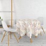 - MasaYuv-7107-Gorsel2 - Realhomes Beyaz Zemınli Soft Renkli Yapraklı Dijital Baskılı Modern Yuvarlak Masa Örtüsü - Çap 140cm Realhomes