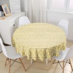 Gold Zeminde Beyaz Bohem Çizimli Dijital Baskılı Modern Yuvarlak Masa Örtüsü - Çap 140cm Realhomes
