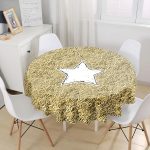 - MasaYuv-7130-Gorsel1 - Realhomes  Gold Zeminli Beyaz Yıldız Desenli Dijital Baskılı Modern Yuvarlak Masa Örtüsü - Çap 140cm Realhomes