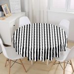 Beyaz Zeminli Siyah Renkli Çizgi Dijital Baskılı Modern Yuvarlak Masa Örtüsü - Çap 140cm Realhomes