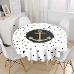 - MasaYuv-7133-Gorsel1 - Realhomes  Siyah Zeminli Gold Çapa Desenli Dijital Baskılı Modern Yuvarlak Masa Örtüsü - Çap 140cm Realhomes