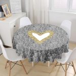 Siyah Onedraw Çizimli Gold Renkli Kalp Desenli Modern Yuvarlak Masa Örtüsü - Çap 140cm Realhomes