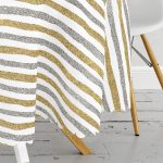 Beyaz Zeminde Gold Ve Siyah Çizgili Dijital Baskılı Modern Yuvarlak Masa Örtüsü - Çap 140cm Realhomes