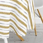 - MasaYuv-7158-Gorsel3 - Realhomes Beyaz Zeminde Gold Çizgili Dijital Baskılı Modern Yuvarlak Masa Örtüsü - Çap 140cm Realhomes