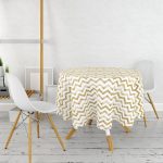 Beyaz Zeminde Gold Zigzag Desenli Dijital Baskılı Modern Yuvarlak Masa Örtüsü - Çap 140cm Realhomes