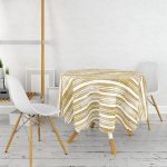 - MasaYuv-7162-Gorsel2 - Realhomes Beyaz Zeminde Gold Renkli Yaprak Desenli Dijital Baskılı Modern Yuvarlak Masa Örtüsü - Çap 140cm Realhomes