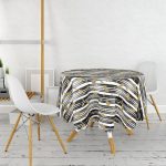 Siyah Beyaz Zeminli Gold Yaprak Desenli Dijital Baskılı Modern Yuvarlak Masa Örtüsü - Çap 140cm Realhomes