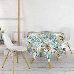 - MasaYuv-7179-Gorsel2 - Realhomes  Renkli Zemin Uzerinde Onedraw Çizimli Dijital Baskılı Modern Yuvarlak Masa Örtüsü - Çap 140cm Realhomes