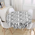 Beyaz Zeminli Siyah Çizgi Desenli Dijital Baskılı Modern Yuvarlak Masa Örtüsü - Çap 140cm Realhomes