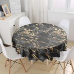 Gri Siyah Zemin Üzerinde Gold Detaylı Çizim Desenli Yuvarlak Masa Örtüsü - Çap 140cm Realhomes