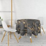 Gri Siyah Zemin Üzerinde Gold Detaylı Çizim Desenli Yuvarlak Masa Örtüsü - Çap 140cm Realhomes