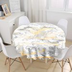 - MasaYuv-7192-Gorsel1 - Realhomes Gri Zemin Üzerinde Gold Detaylı Soft Çizim Desenli Modern Yuvarlak Masa Örtüsü - Çap 140cm Realhomes