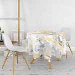 - MasaYuv-7192-Gorsel2 - Realhomes Gri Zemin Üzerinde Gold Detaylı Soft Çizim Desenli Modern Yuvarlak Masa Örtüsü - Çap 140cm Realhomes