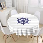 Gri Beyaz Çizgili Çapa Desenli Dijital Baskılı Modern Yuvarlak Masa Örtüsü - Çap 140cm Realhomes