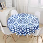 Beyaz Zemin Üzerinde Çini Desenli Dijital Baskılı Modern Yuvarlak Masa Örtüsü - Çap 140cm Realhomes