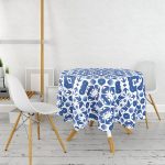 Beyaz Zemin Üzerinde Çini Desenli Dijital Baskılı Modern Yuvarlak Masa Örtüsü - Çap 140cm Realhomes