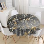 - MasaYuv-7224-Gorsel1 - Realhomes Siyah Zeminde Gold Renkli Çizim Desenli Dijital Baskılı Modern Yuvarlak Masa Örtüsü - Çap 140cm Realhomes