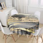 Siyah Zeminde Gold Renkli Çizim Desenli Dijital Baskılı Modern Yuvarlak Masa Örtüsü - Çap 140cm Realhomes