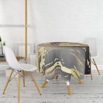 Siyah Zeminde Gold Renkli Çizim Desenli Dijital Baskılı Modern Yuvarlak Masa Örtüsü - Çap 140cm Realhomes