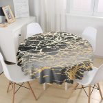 - MasaYuv-7227-Gorsel1 - Realhomes Siyah Zeminde Gold Renkli Çizim Desenli Dijital Baskılı Modern Yuvarlak Masa Örtüsü - Çap 140cm Realhomes