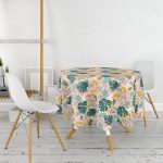 - MasaYuv-7249-Gorsel2 - Realhomes Pudra Zemin Üzerinde Onedraw Çizimli Yaprak Desenli Yuvarlak Masa Örtüsü - Çap 140cm Realhomes