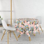 - MasaYuv-7253-Gorsel2 - Realhomes  Pudra Zemin Üzerinde Onedraw Çizimli Yaprak Desenli Yuvarlak Masa Örtüsü - Çap 140cm Realhomes