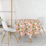 - MasaYuv-7262-Gorsel2 - Realhomes Pudra Zeminde Onedraw Çizimli Rengarenk Çiçek Desenli Modern Yuvarlak Masa Örtüsü - Çap 140cm Realhomes