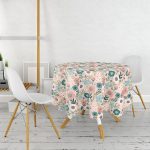 Pudra Zemin Üzerinde Çiçek Desenli Dijital Baskılı Modern Yuvarlak Masa Örtüsü - Çap 140cm Realhomes