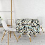 - MasaYuv-7300-Gorsel2 - Realhomes  Beyaz Zemin Üzerinde Renkli Çizgli Yaprak Desenli Modern Yuvarlak Masa Örtüsü - Çap 140cm Realhomes