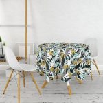 Beyaz Zeminli Renkli Palmiye Desenli Dijital Baskılı Modern Yuvarlak Masa Örtüsü - Çap 140cm Realhomes