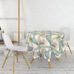 - MasaYuv-7315-Gorsel2 - Realhomes  Soft Renkli Zemin Üzerinde Onedraw Çizimli Yaprak Motifli Yuvarlak Masa Örtüsü - Çap 140cm Realhomes