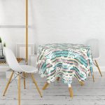 - MasaYuv-7321-Gorsel2 - Realhomes Beyaz Zemin Üzerinde Renkli Çizgli Yaprak Desenli Modern Yuvarlak Masa Örtüsü - Çap 140cm Realhomes