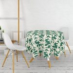 Yeşil Zeminde Yaprak Desenli Dijital Baskılı Modern Yuvarlak Masa Örtüsü - Çap 140cm Realhomes