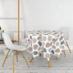 Beyaz Zeminli Onedraw Çizimli Yaprak Motifli Dijital Baskılı Modern Yuvarlak Masa Örtüsü - Çap 140cm Realhomes