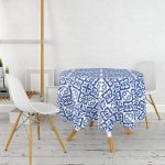 Beyaz Zeminli Çini Desenli Dijital Baskılı Modern Yuvarlak Masa Örtüsü - Çap 140cm Realhomes