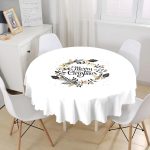 - MasaYuv-7545-Gorsel1 - Realhomes  Beyaz Zeminli Merry Christmas Yazılı Dijital Baskılı Modern Yuvarlak Masa Örtüsü - Çap 140cm Realhomes