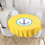 Sarı Zemin Üzerinde Çapa Çizimli Dijital Baskılı Modern Yuvarlak Masa Örtüsü - Çap 140cm Realhomes