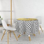 - MasaYuv-7695-Gorsel2 - Realhomes Beyaz Zemin Üzerinde Puantiyeli Gold Detaylı Love Yazılı Yuvarlak Masa Örtüsü - Çap 140cm Realhomes