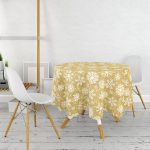 Gold Zemin Üzerinde Beyaz Renkli Kartanesi Desenli Modern Yuvarlak Masa Örtüsü - Çap 140cm Realhomes