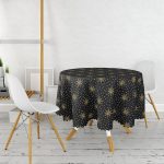 Siyah Zemin Üzerinde Gold Renkli Kartanesi Desenli Modern Yuvarlak Masa Örtüsü - Çap 140cm Realhomes