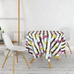 - MasaYuv-7796-Gorsel2 - Realhomes  Beyaz Zeminli Renkli Puantiye Desenli Dijital Baskılı Modern Yuvarlak Masa Örtüsü - Çap 140cm Realhomes