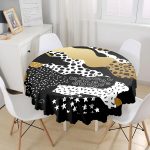 - MasaYuv-7822-Gorsel1 - Realhomes Siyah Zemin Üzerinde Gold Detaylı Modern Desenli Modern Yuvarlak Masa Örtüsü - Çap 140cm Realhomes