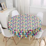 - MasaYuv-7843-Gorsel1 - Realhomes Beyaz Zemin Üzerinde Renkli Geometrik Desenli Dijital Baskılı Modern Yuvarlak Masa Örtüsü - Çap 140cm Realhomes